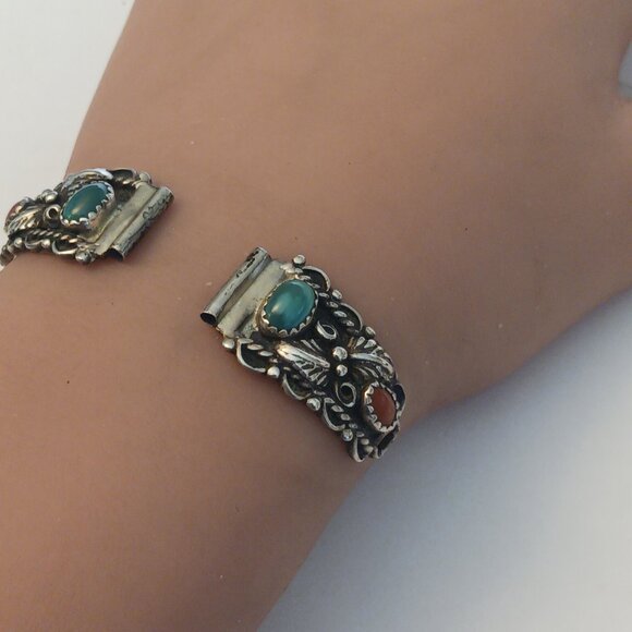 Vintage Native American Turquoise Coral Sterling Watch Tips   (1536) - Picture 3 of 6